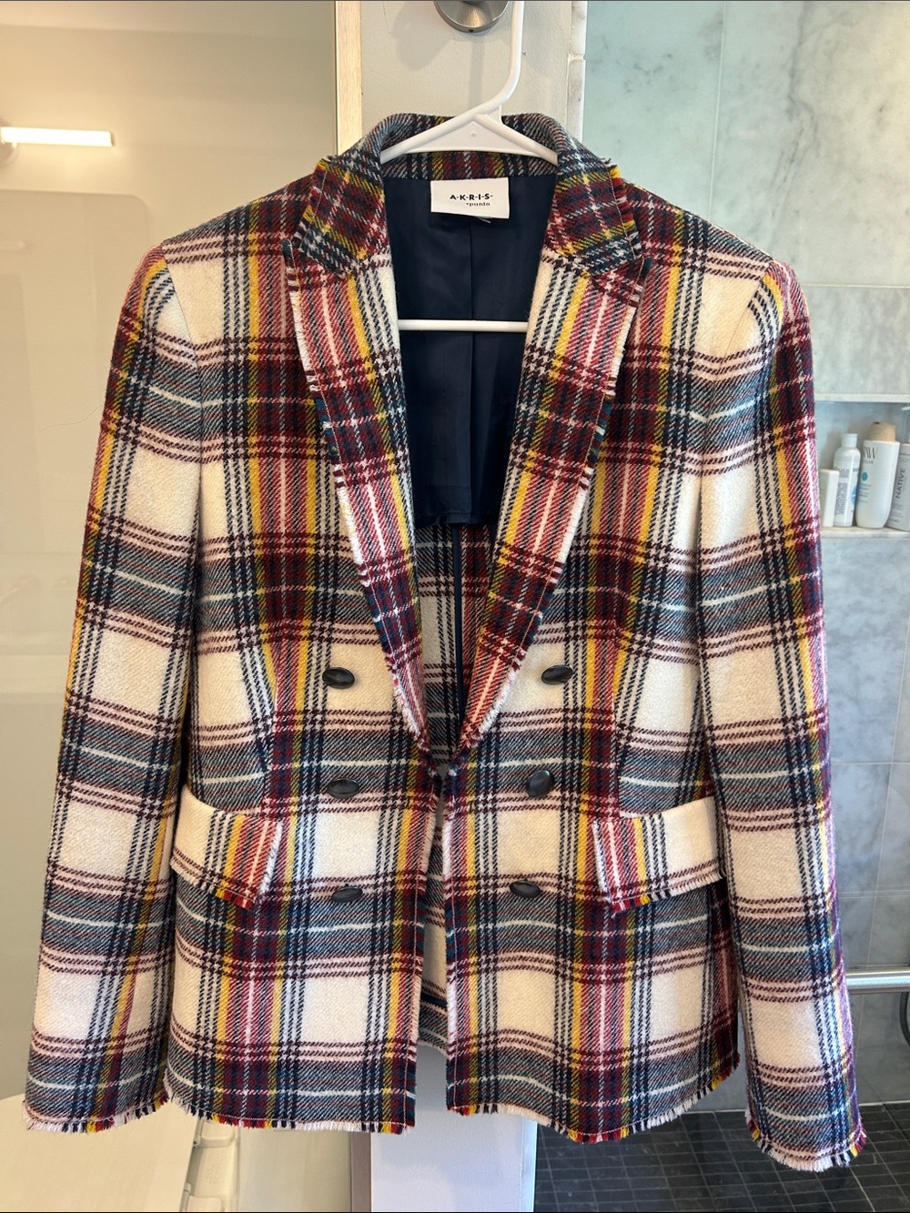Akris Punto Plaid Double-Breasted Wool Blend Jacket in Multicolor